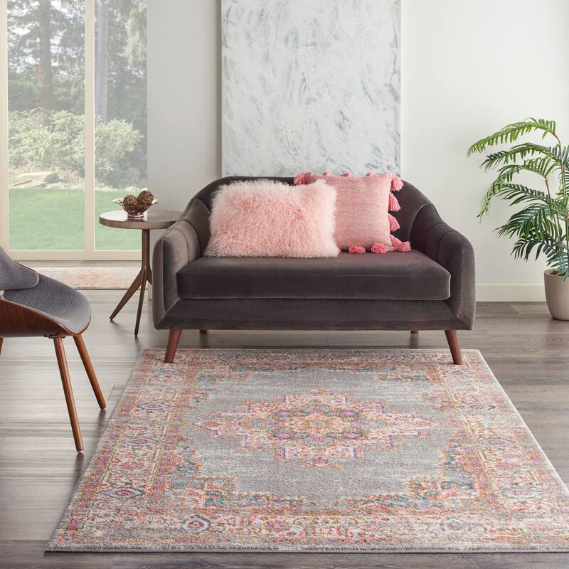Porch & Den Dobbin Vintage Persian Medallion Farmhouse Area Rug - 5'3" x 7'3" - Grey/Pink