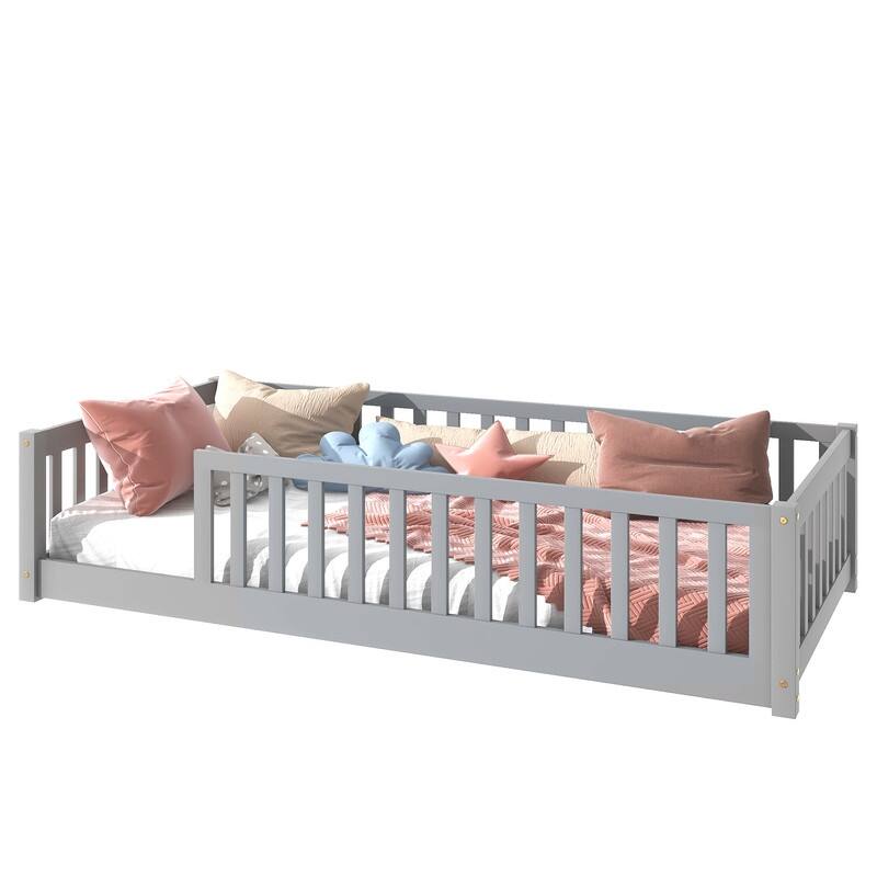 Twin Size Floor Bed with Fence without Door, with Safety Guardrails