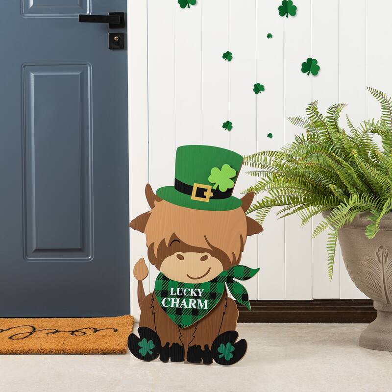 Glitzhome 24"H St. Patrick's Wooden Highland Cow Porch Sign