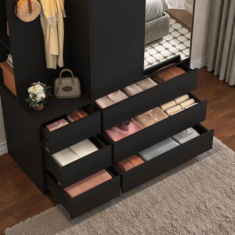 71.7 Inch Wooden Wardrobe Closet with 3 Doors and 2 Drawers, Modern Bedroom Storage Cabinet with Hanging Rail