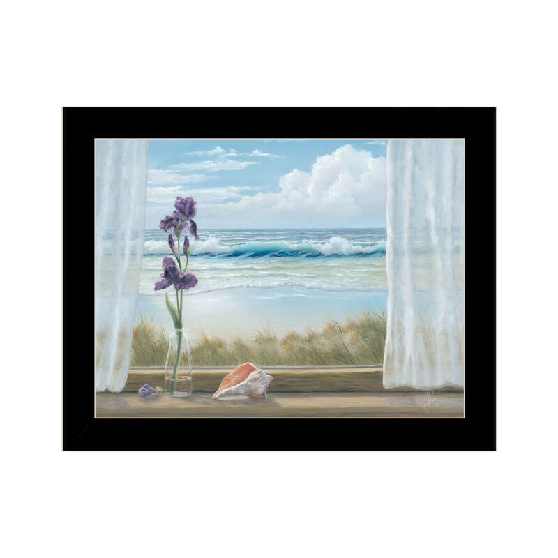 TrendyDecor4U Coastal "Irises on Windowsill" Framed Print Wall Art - Black