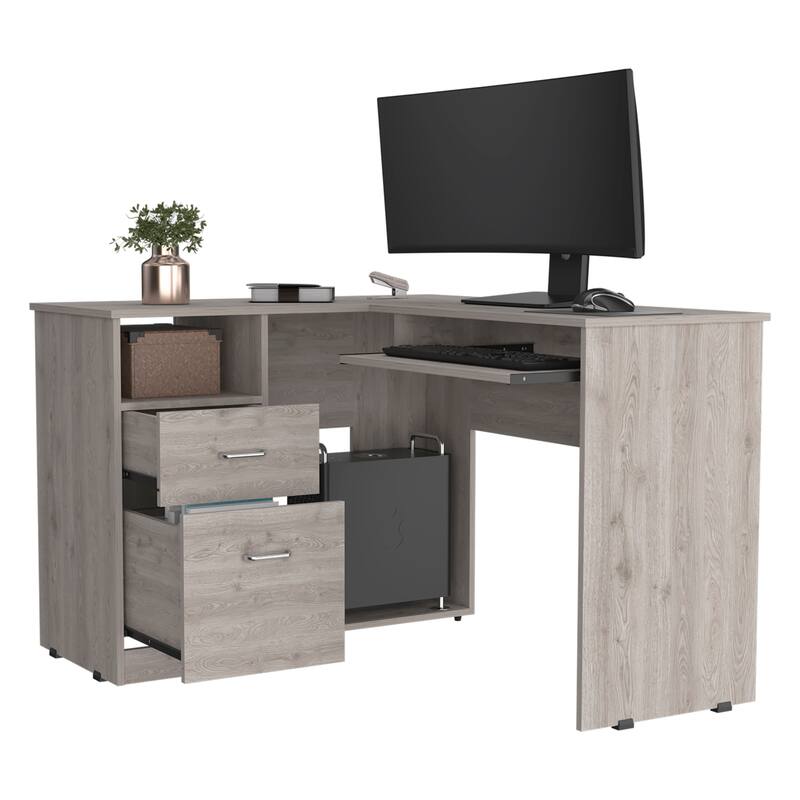 FM Furniture Raleigh L-Shaped Desk with Two Drawers, One Shelf and CPU Storage