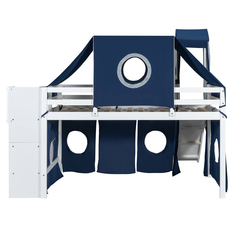 Blue Twin Loft Bed with Tent, Tower, and Playhouse Design for Kids