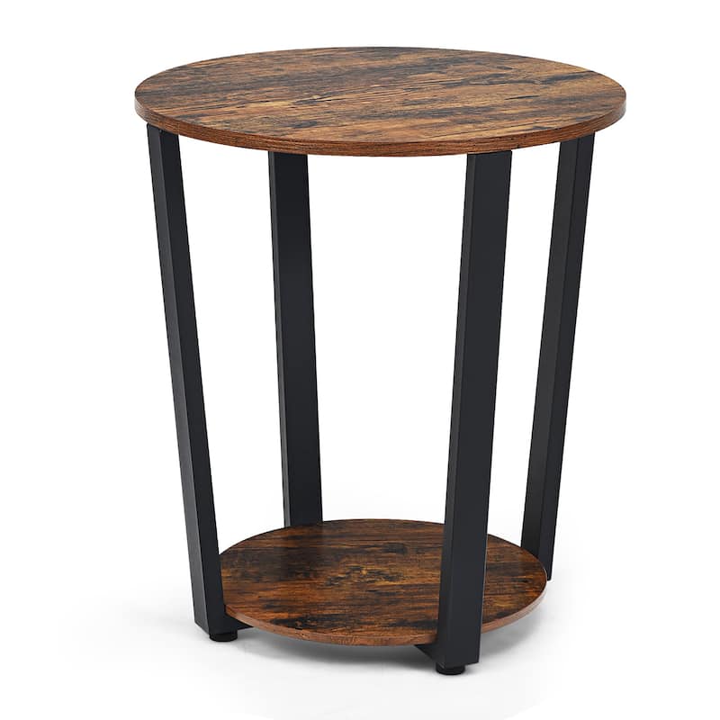 Industrial Round End Table with Metal Frame and Storage Shelf - Retro Brown + Black
