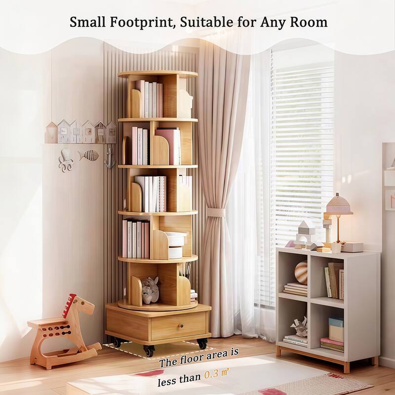 6 Tier Display Round Spinning Bookshelf with Wheels,Wood Color