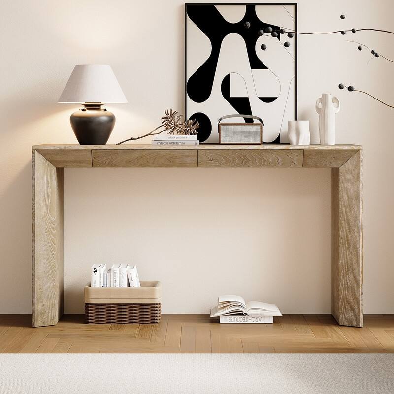 60" Modern Farmhouse Console Table with 2 Concealed Drawers, Waterfall Design Entryway Table with Thickened Legs - Natural