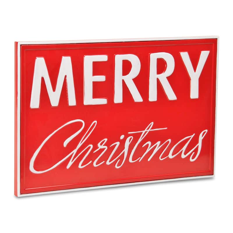 HomeRoots 12" X 19" Red and White Handcrafted Merry Christmas Metal Wall Decor