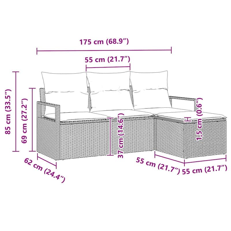 vidaXL 4 Garden Sofa Set with Cushions Black Poly Rattan - 68.9 x 46.1 x 27.2