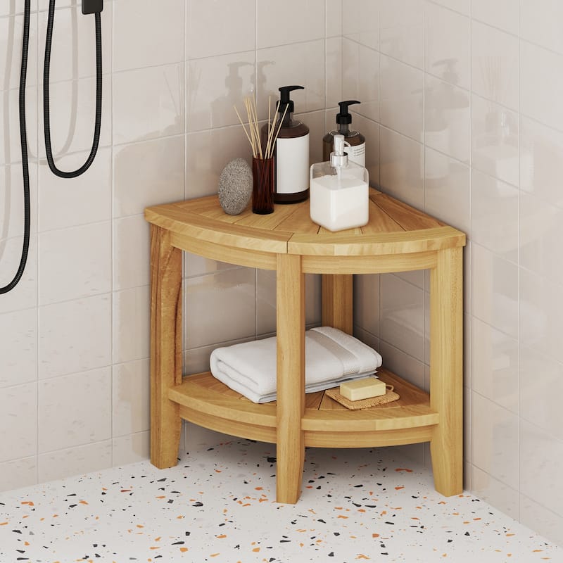 Gymax Corner Shower Stool Teak Wood Shower Bench w/ Storage Shelf