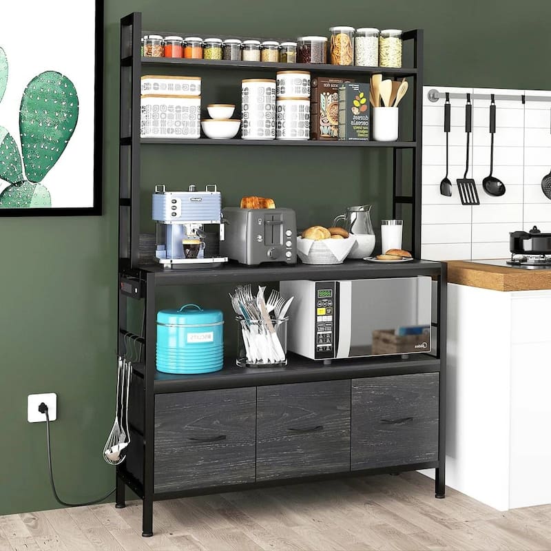 Kitchen Storage Rack with 4 Wooden Shelves Drawers and Baskets USB Ports and Microwave Shelf - 62.2'' H x 39.3'' W x 13.3'' D