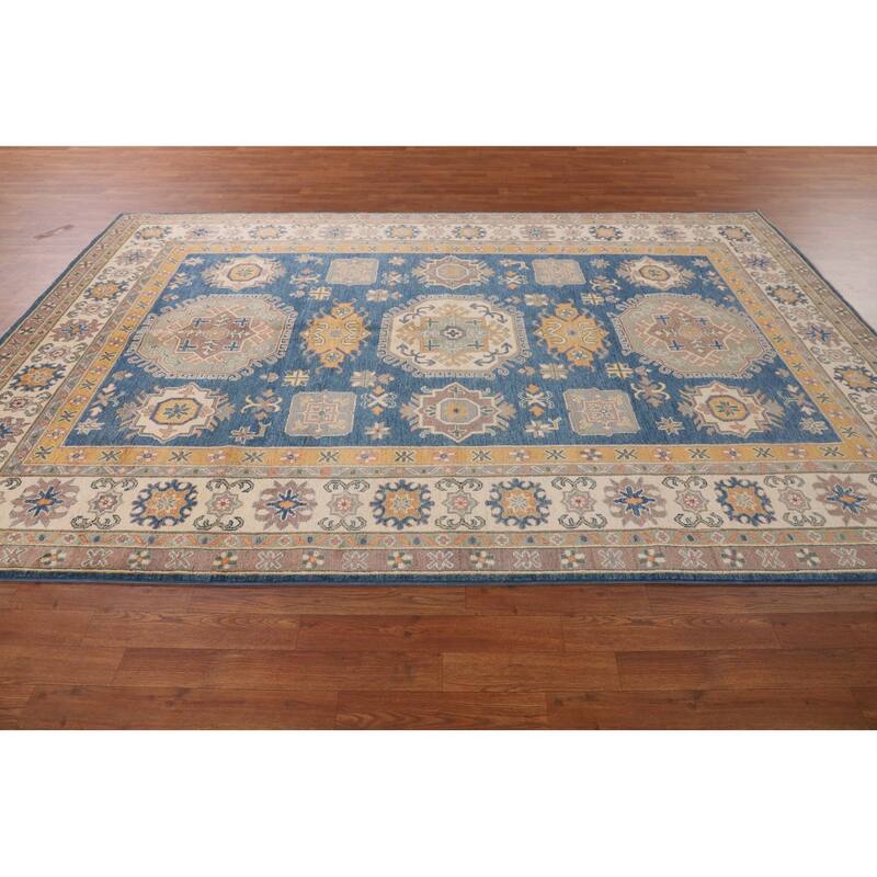 Blue Geometric Kazak Oriental Rug Handmade Traditional Wool Carpet - 6'8" x 10'0"