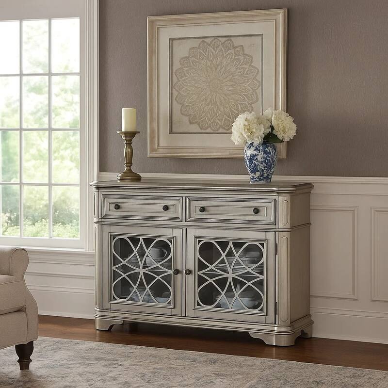 Garry Sideboard Buffet Console, 2 Drawers, Cabinets, Silver Wood, 56 Inch