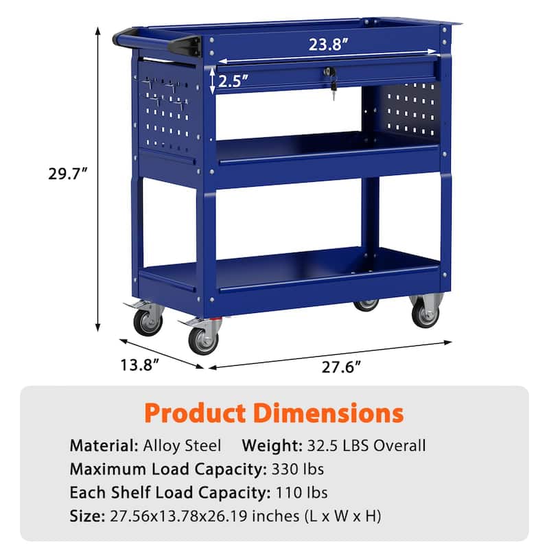 3-Tier Rolling Tool Cart on Wheels for Mechanics with Utility Drawer