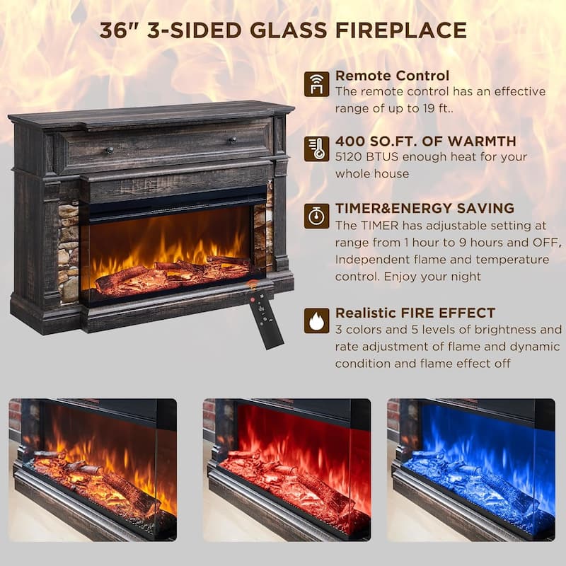 Farmhouse TV Stand With 3-Sided Glass Fireplace, Entertainment Center