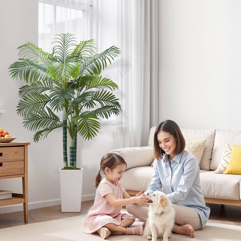 Thick-Trunk Areca Palm Artificial Tree with Green Leaves in White Planter for Home or Office Decor