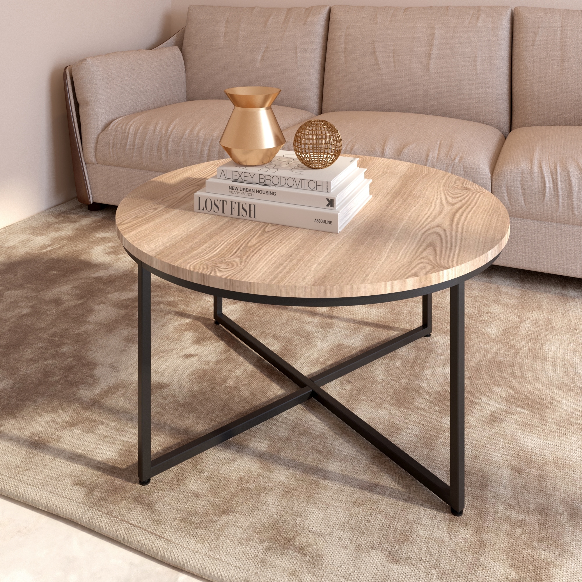 Light Brown Modern Minimalist Style Round Coffee Table with X-Frame  Legs, Durable Easy to Clean