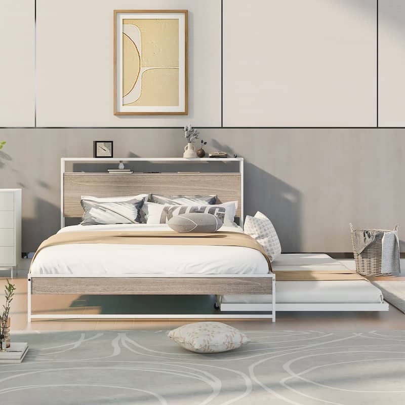 Metal Bed Frame Platform Bed with Storage Headboard, Pull-Out Trundle Bed, USB Ports, Metal Slat Support