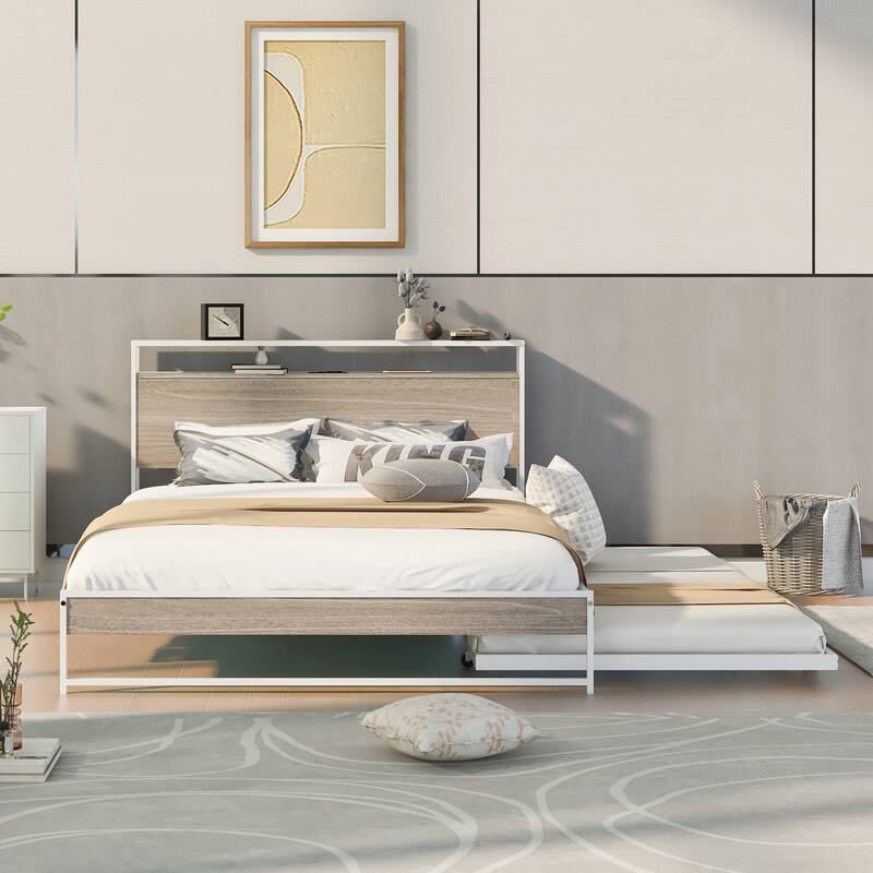 Modern Full/Queen Metal Platform Bed Frame with Trundle and USB Charging Ports