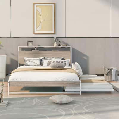 Queen Size Metal Platform Bed Frame with Trundle, USB Ports and Slat Support ,No Box Spring Needed