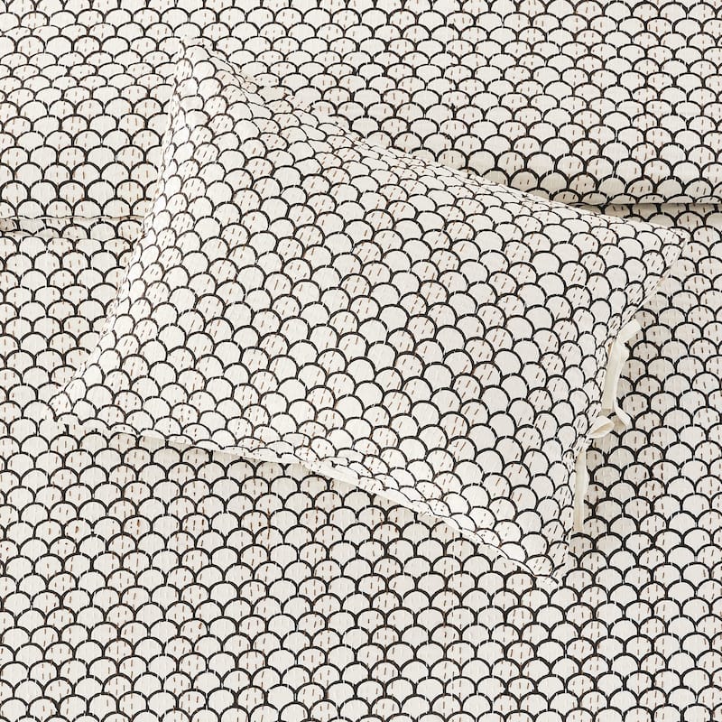 Melange Home Hand Stitched Scallop Block Print Kantha Coverlet and Shams