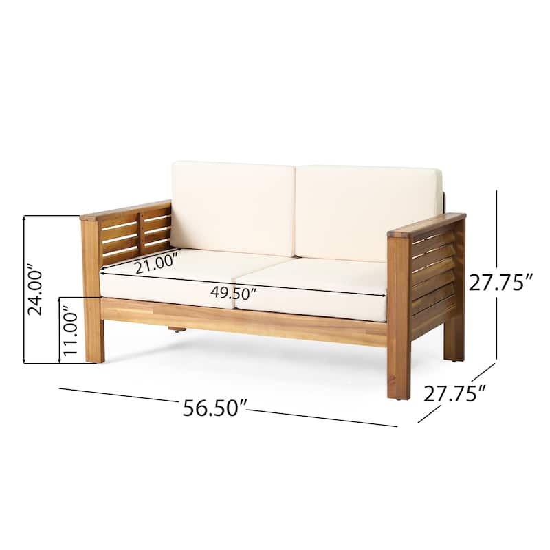 Roomfitters Outdoor Acacia Wood Loveseat and Coffee Table Set, Cream Cushions, Teak Finish, Ideal for Patio, Garden, or Porch