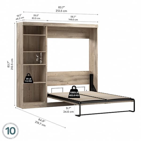 dimension image slide 3 of 5, Pur Full Murphy Bed with Shelving Unit (84W) by Bestar