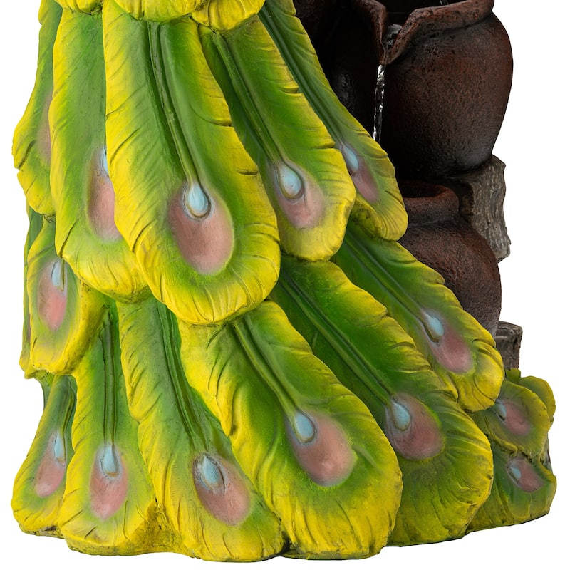 Glitzhome 40"H Oversized 4-Tier Peacock Jars Polyresin LED Lighted Outdoor Floor Fountain