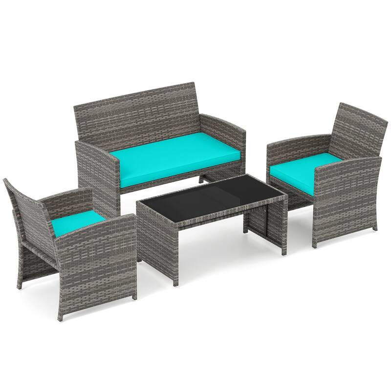 4 Piece Outdoor Patio Furniture Set Mix Gray PE Rattan Loveseat Armchairs and Tempered Glass Coffee Table with Cushions