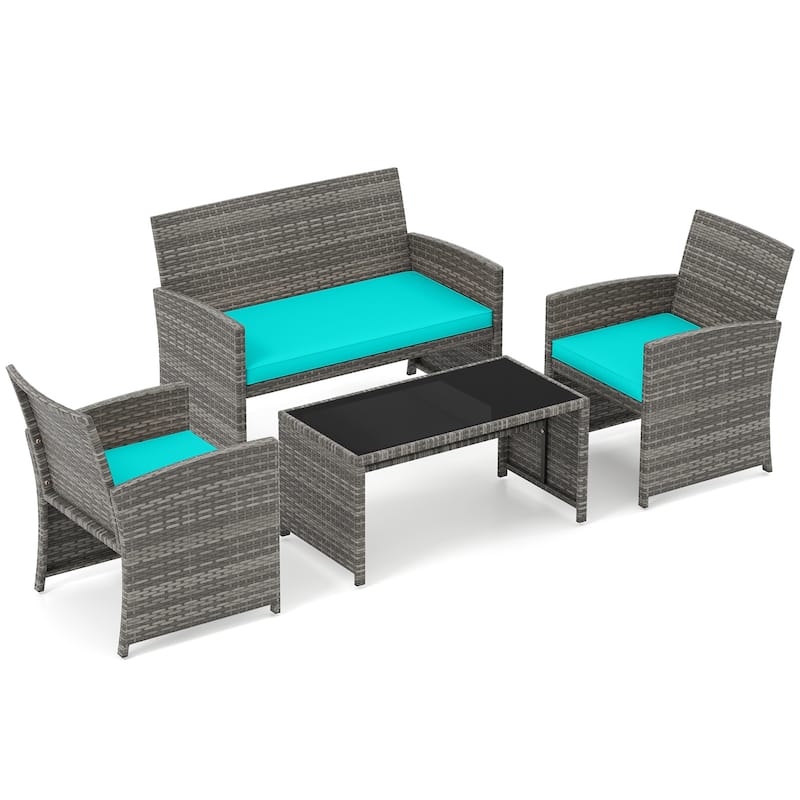 Gymax Set of 4 Patio Conversation Set w/Seat Cushions & Tempered Glass - Turquoise