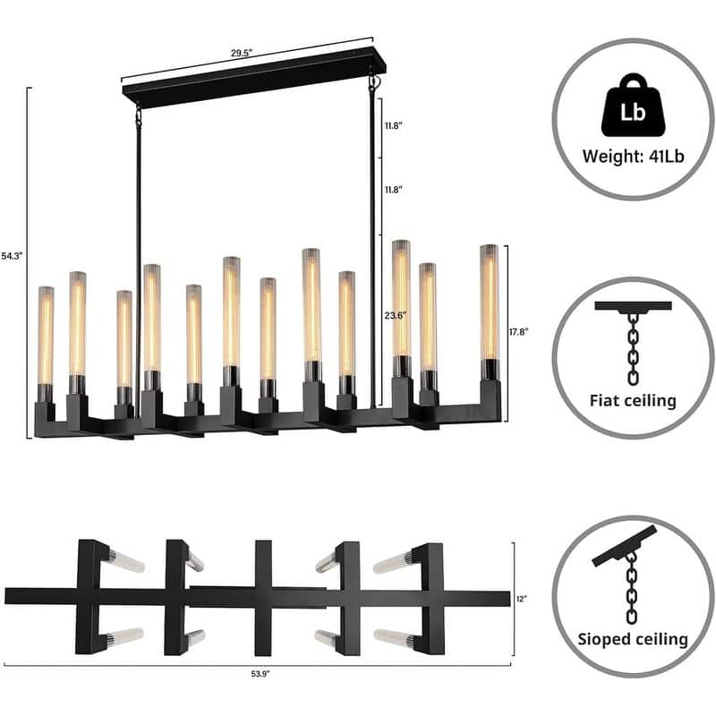 KAYLA 12-Light Candlestick Chandelier, Modern Chandelier with Glass Shade, Retangular Luxurious Ceiling Pendant Light - 54in