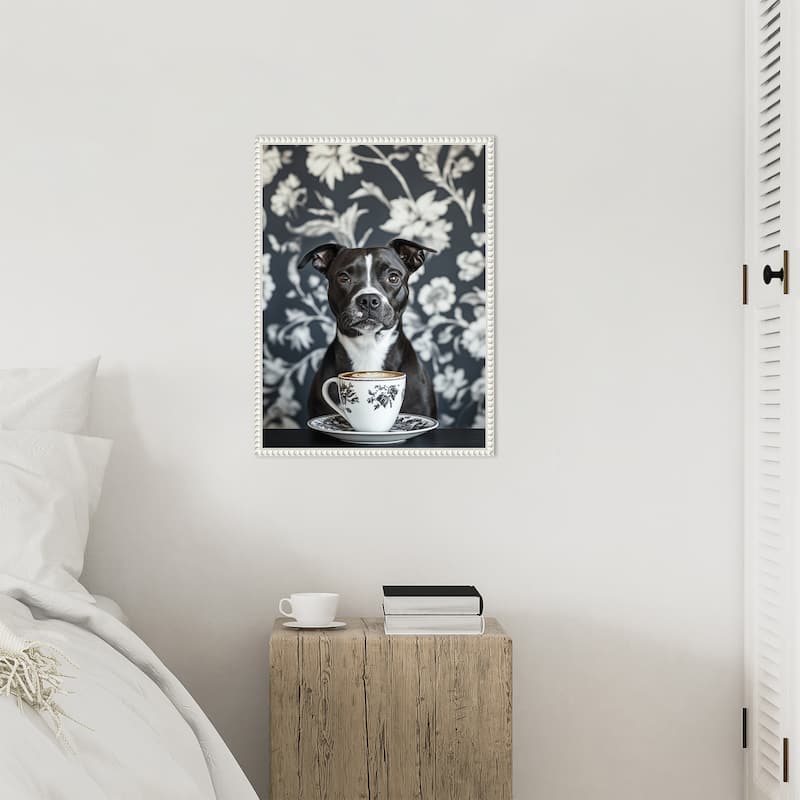 The Latte Loving Staffy by Mowzu Framed Canvas Wall Art