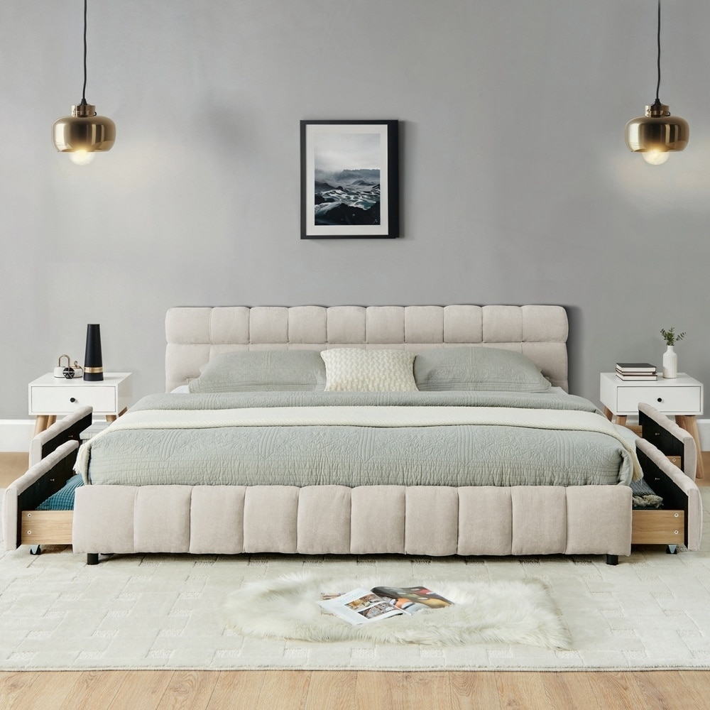 Upholstered Bed Chenille fabric with headboard and solid bed frame