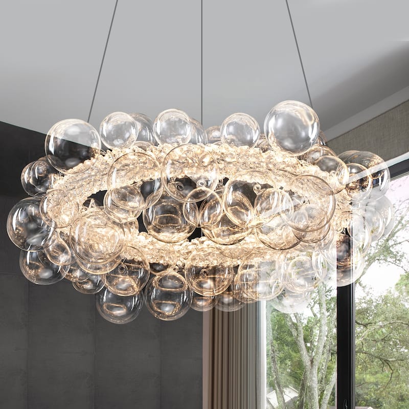 Crystal Bead LED Chandelier with Glass Globe, Adjustable - Dia.21.65-in