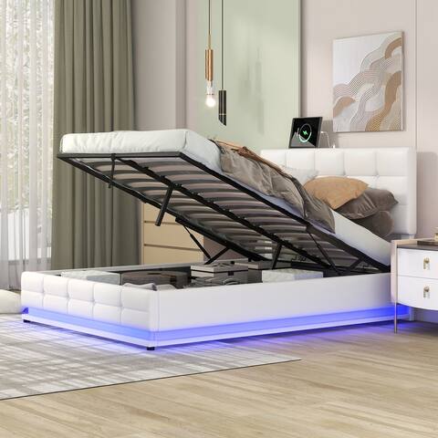 Platform Bed with Hydraulic Storage System,LED Lights and USB charger