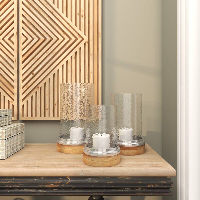 Brown Wood Pillar Hurricane Lamp with Glass Candle Holders (Set of 3)