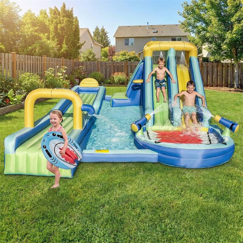 Oxford Cloth Shark Theme Dual Slide Inflatable Water Bounce Castle In Blue With Climbing Wall - N/A