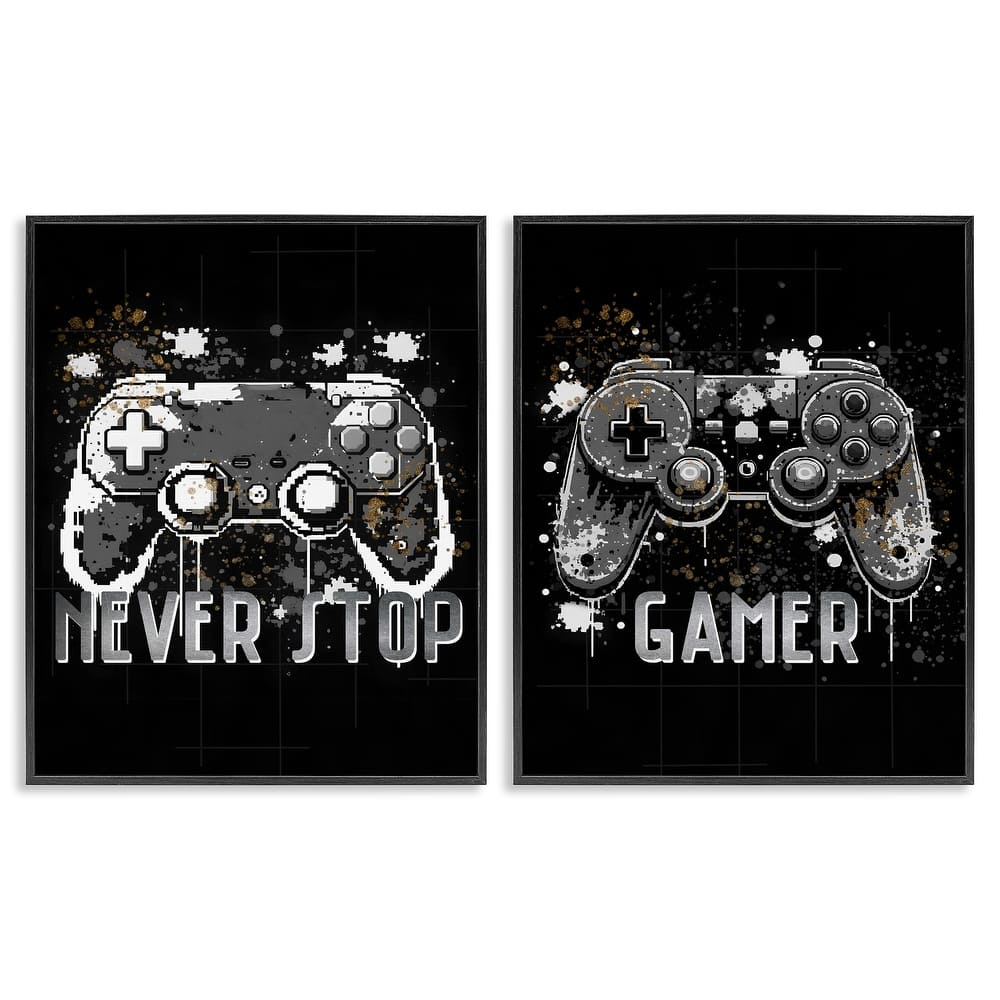 Stupell Modern Gamer Controller Phrases Framed Giclee Art Design By Kim Allen (Set of 2)