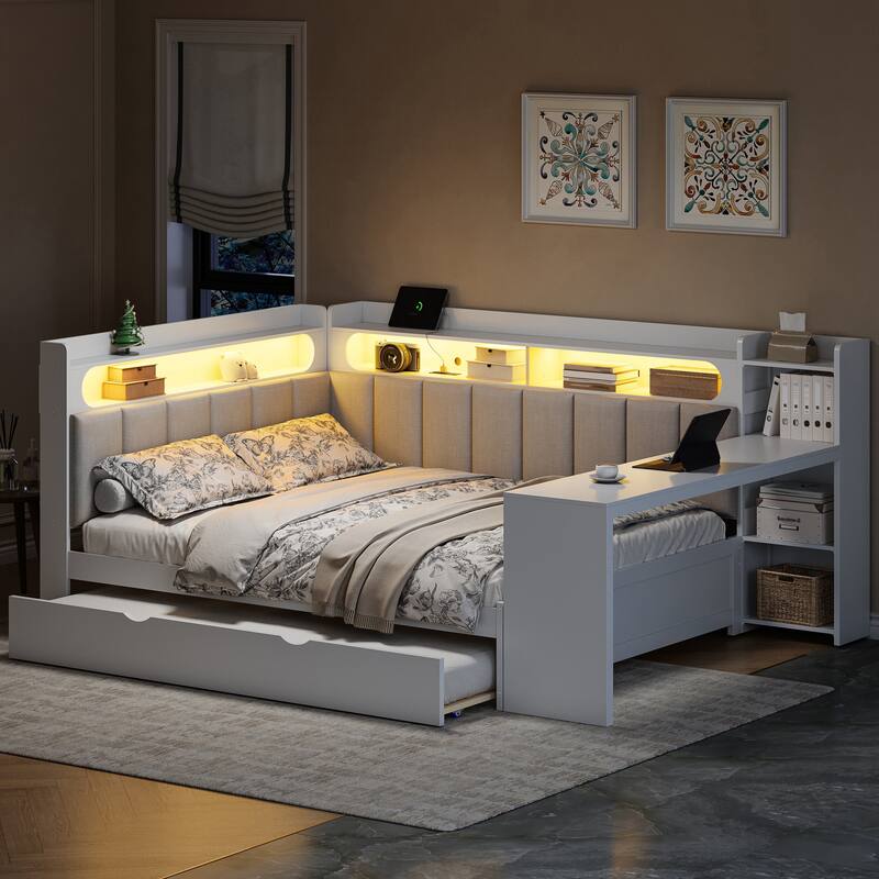 Full Size Daybed with Storage Shelves Built-in Charging Station LED Light, L-shape Upholstered Frame Sofa Bed with Cabinet, Desk - White with Trundle - Full