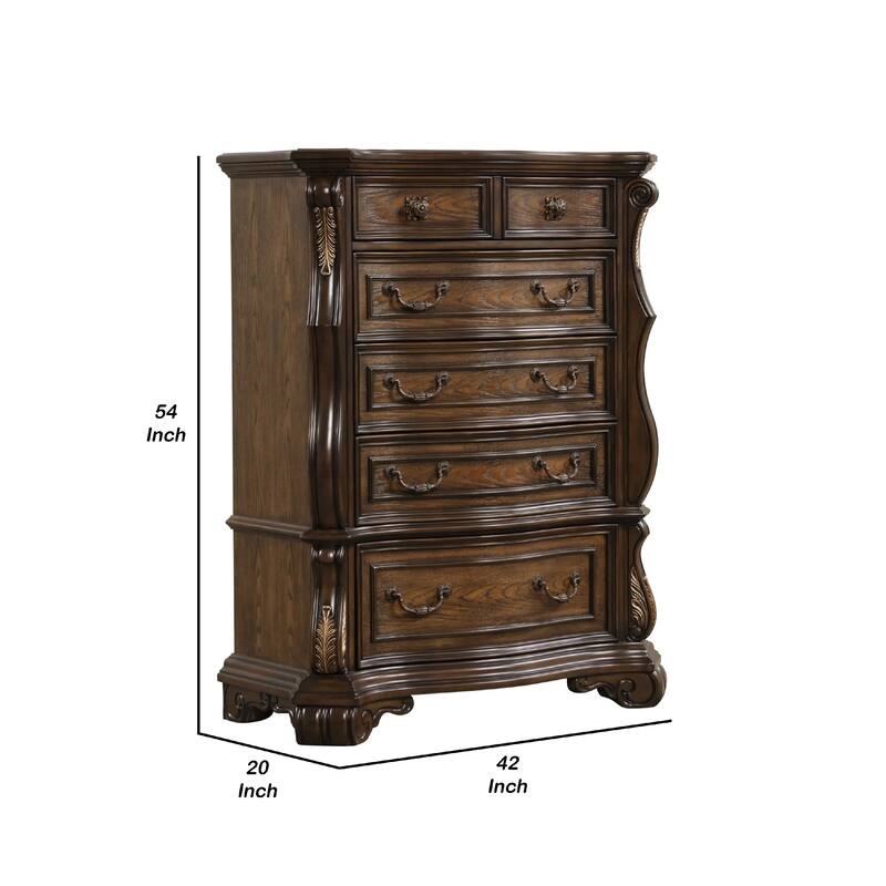 Leova Tall Dresser Chest, 6 Drawers w Ornate Molding, Brown Asian Hardwood