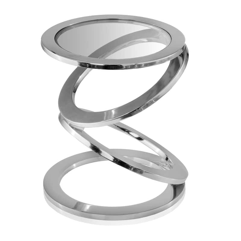Silver Glass Top Round End Table with Spiral Aluminum Base and Modern Design - 15.5” x 15.5” x 16.5” (D x W x H)