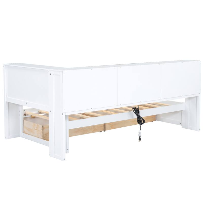 Twin Size Daybed with Storage Drawers, Cabinets and USB Charging Ports in White