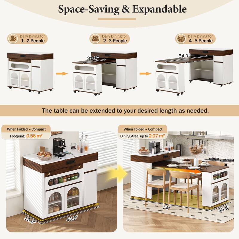Rolling Kitchen Island with Extendable Table, Drawers, Power Outlet and Brake lock, Storage Cabinet