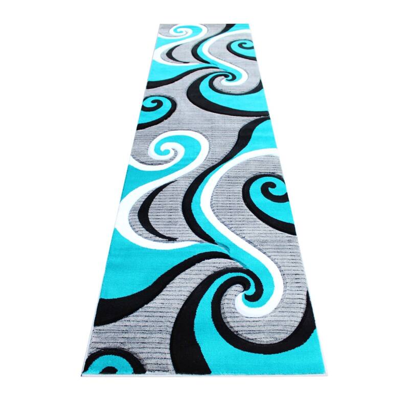 Modern High-Low Sculpted Swirl Design Abstract Area Rug - 3' x 10' - Turquoise