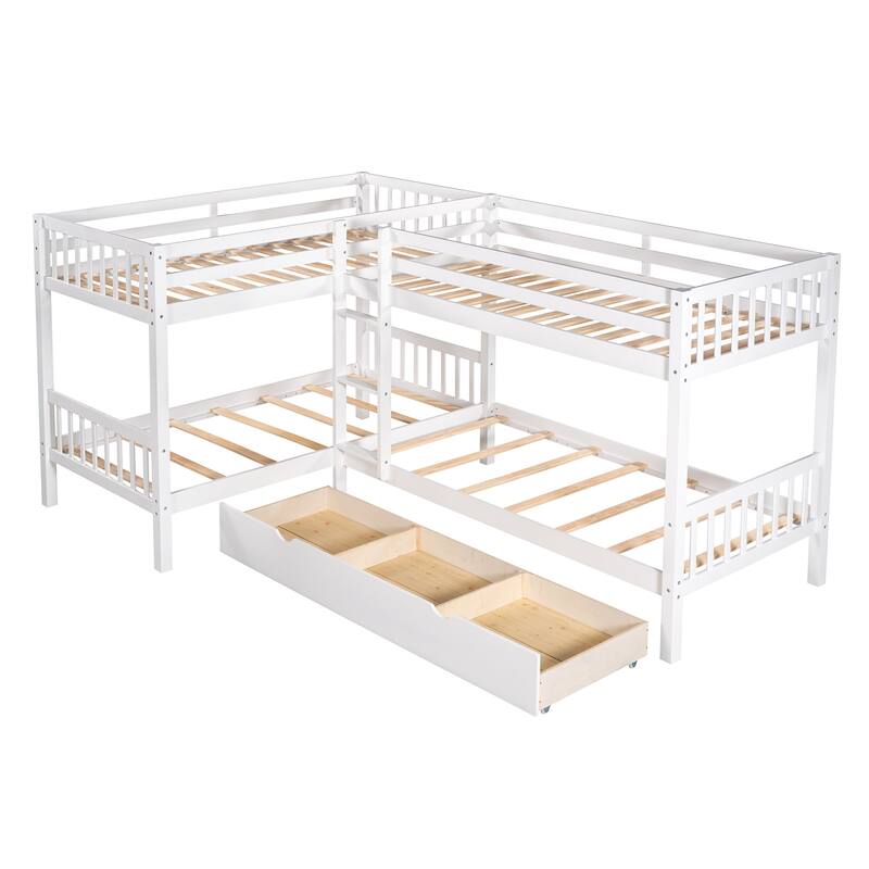 L-Shaped Twin Over Twin Bunk Bed with Drawers, Space-Saving Bunk Bed for 4