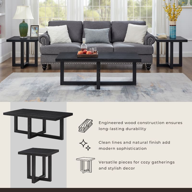Roundhill Furniture Luno 3-Piece Coffee Table Set, Coffee Table and Two End Tables