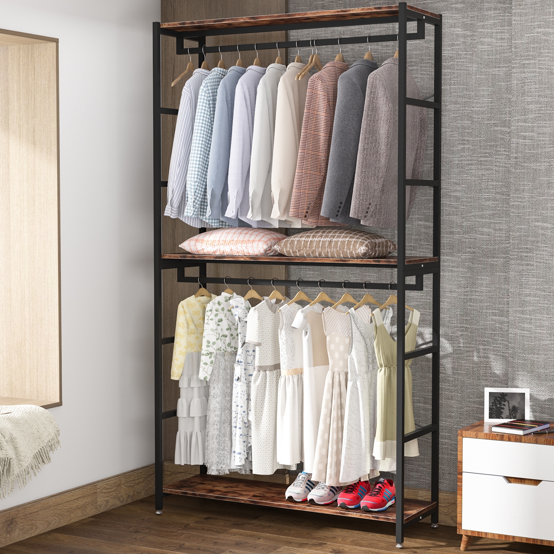 Large closet organizer Double Hanging Rod Clothes Garment Racks with Storage  Shelves - On Sale - Bed Bath & Beyond - 33703331