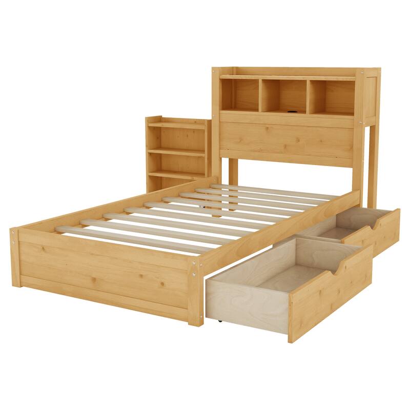 Roomfitters Twin/Full Platform Bed, LED Bookcase Headboard and Pull Out Storage Drawers with Wooden Frame for Bedrooms