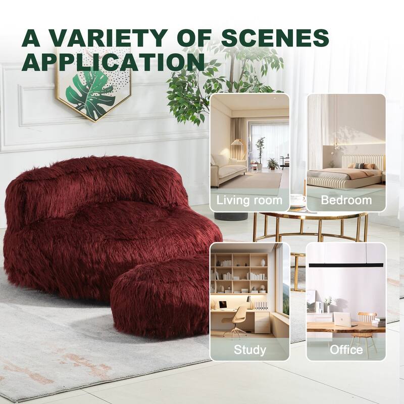 Plush Upholstered Round Comfort Lounger Bean Bag Chair with Ottoman