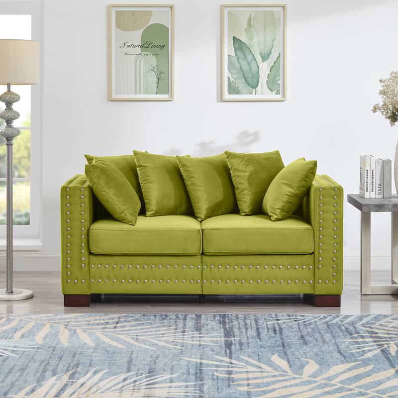 Velvet Loveseat Sofa Deep Seat Storage Couch with Pillows and Square Armrests with Silver Nails Decoration for Living Room - Green