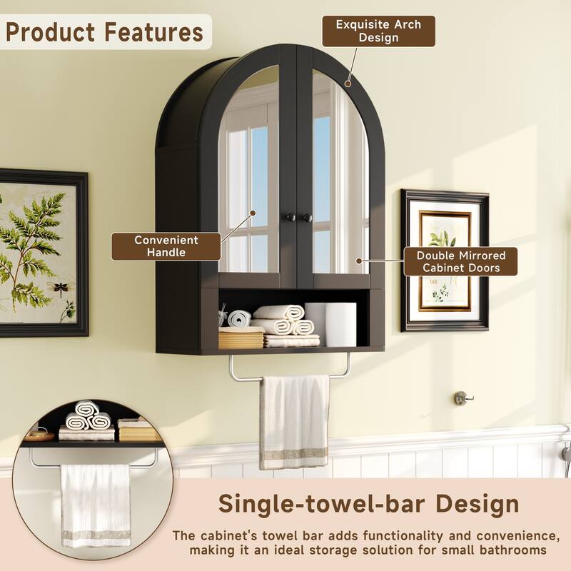 Wall Mounted Arched Cabinet with Mirrored Doors and Adjustable Shelves for Laundry Room, Bathroom, Kitchen